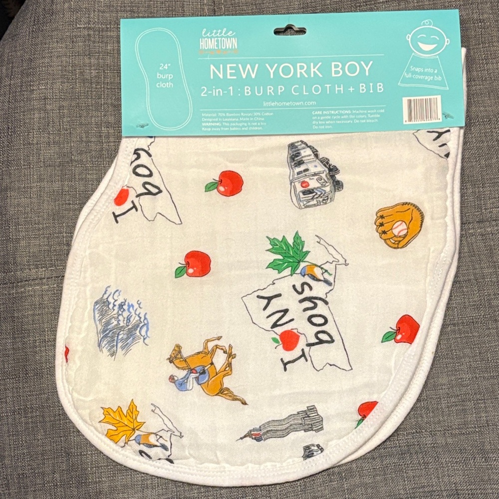 New York Boy Bib 2 in 1 Burp Cloth + Bib - 24" Burp Cloth - NWT